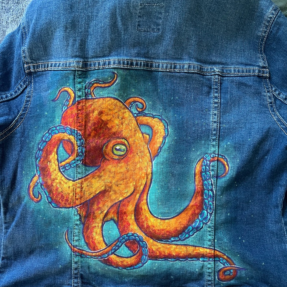 Blue Jean Jacket with hand painted Vibrant Octopus Design